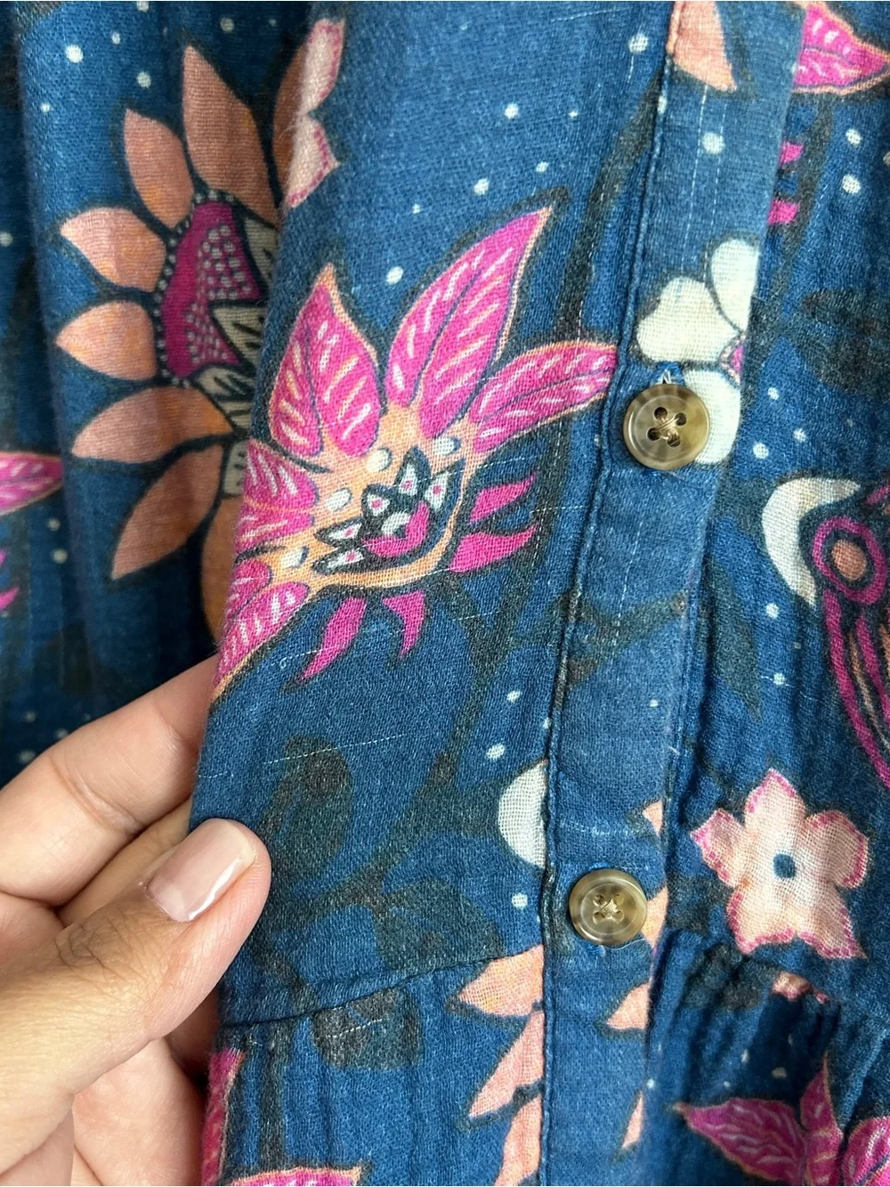 Marine Layer Midi Dress XL Gauzy Pockets Long Sleeve Batik Floral Blue *READ* - Picture 12 of 15